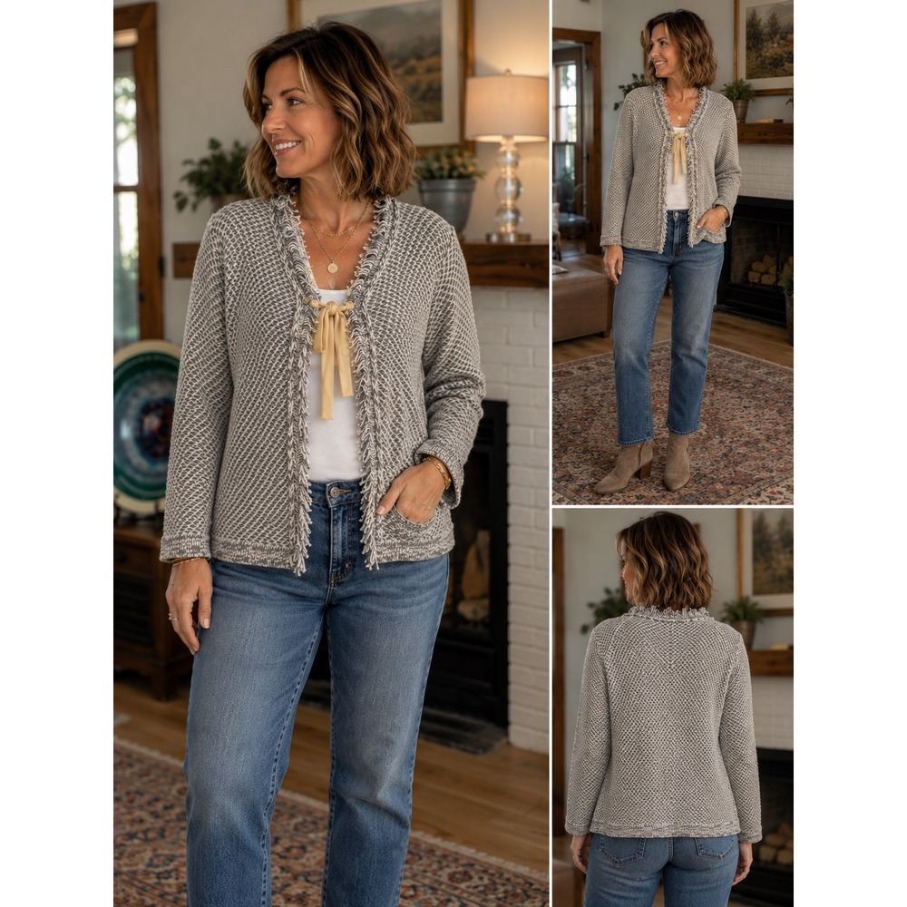 LOFT Outlet Large Gray Cream Textured Knit Cardigan Fringe Tie Front